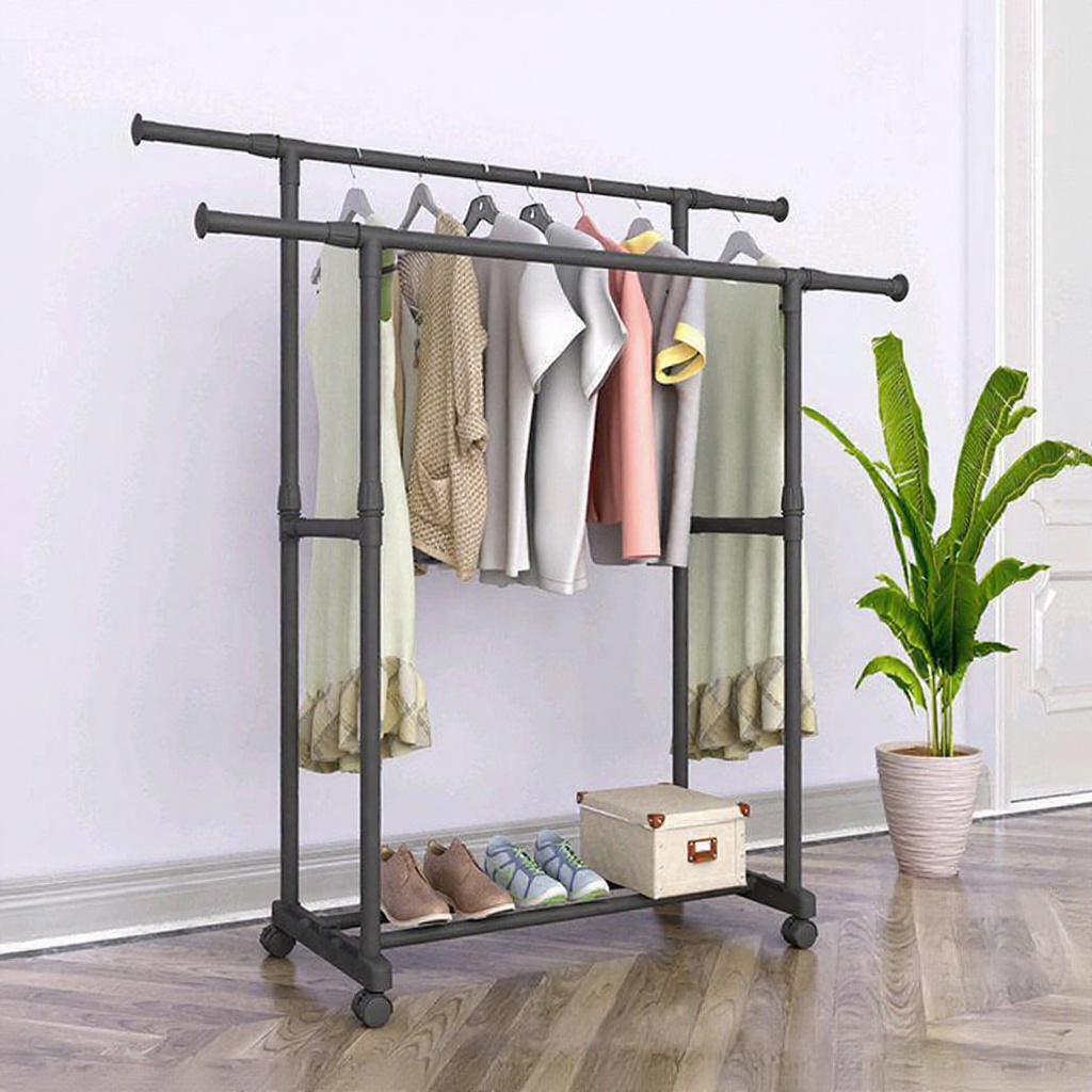Single/Double Pole Clothes Hanging Rack with Wheels Laundry Organizer Cloth Hanger Rak Baju Murah Rak Pengering Pakaian
