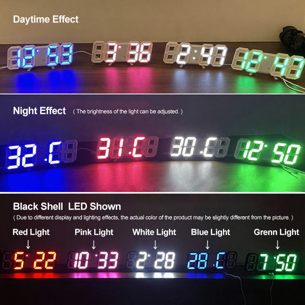 GEESO 3D LED Digital Clock Alarm Wall Table Desk Temperature Night Mode Home Office Jam Meja Dinding LED数字闹钟 彩色时钟