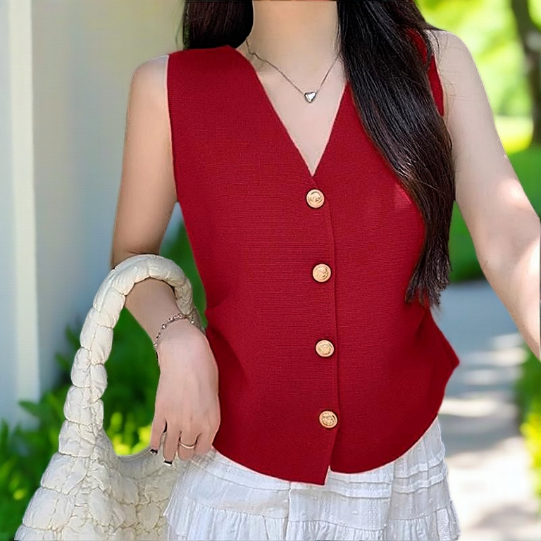 Adegree French Solid Color V-neck Single-breasted Sleeveless Slim Knitted Vest For Women  
