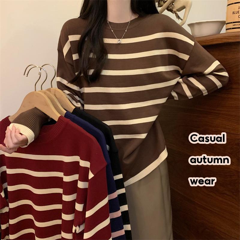 【Bestnifyloca】Contrasting Striped Knitwear Women Loose Long Sleeved Bottoming Shirt Versatile Round Neck Top