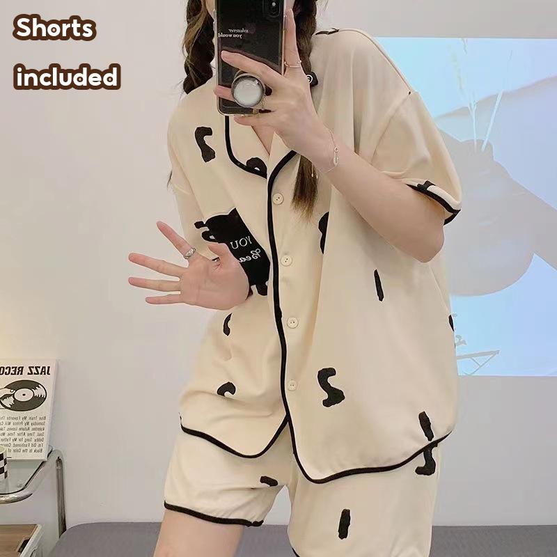 2025 baju raya perempuan Ready stock baju tidur perempuan pyjamas women Summer Girls' pajamas Short sleeved +shorts Sweet Cute  Loose sleepwear set