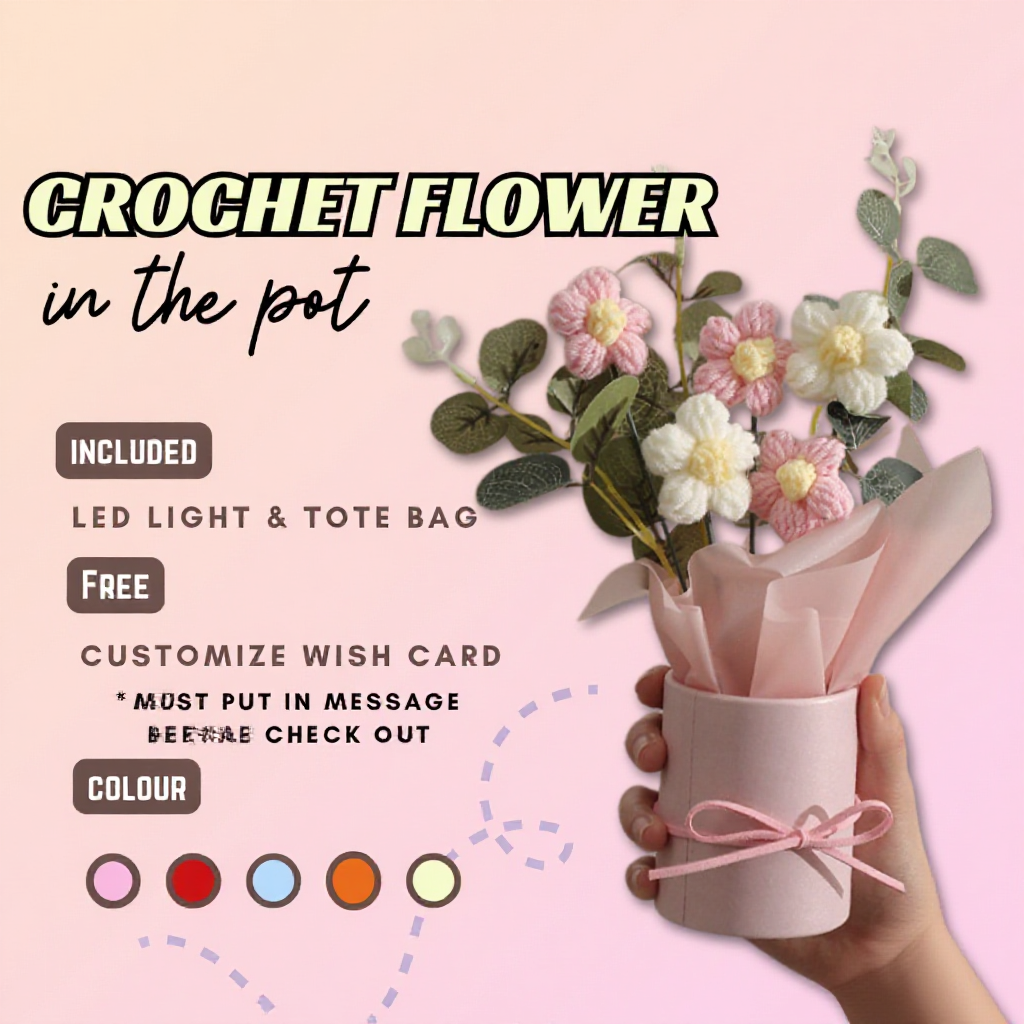 Crochet Knitting Flower In Pot Gift for Girl Mother Teacher Convo Anniversary Birthday Graduation (Bunga Kait)