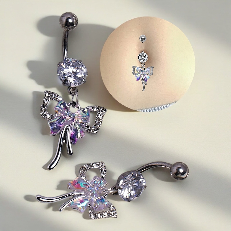 1PC Delicate Sweet Navel Ring Bow Ribbon Body Piercing Jewelry With Glitter Rhinestone Stainless Steel Material