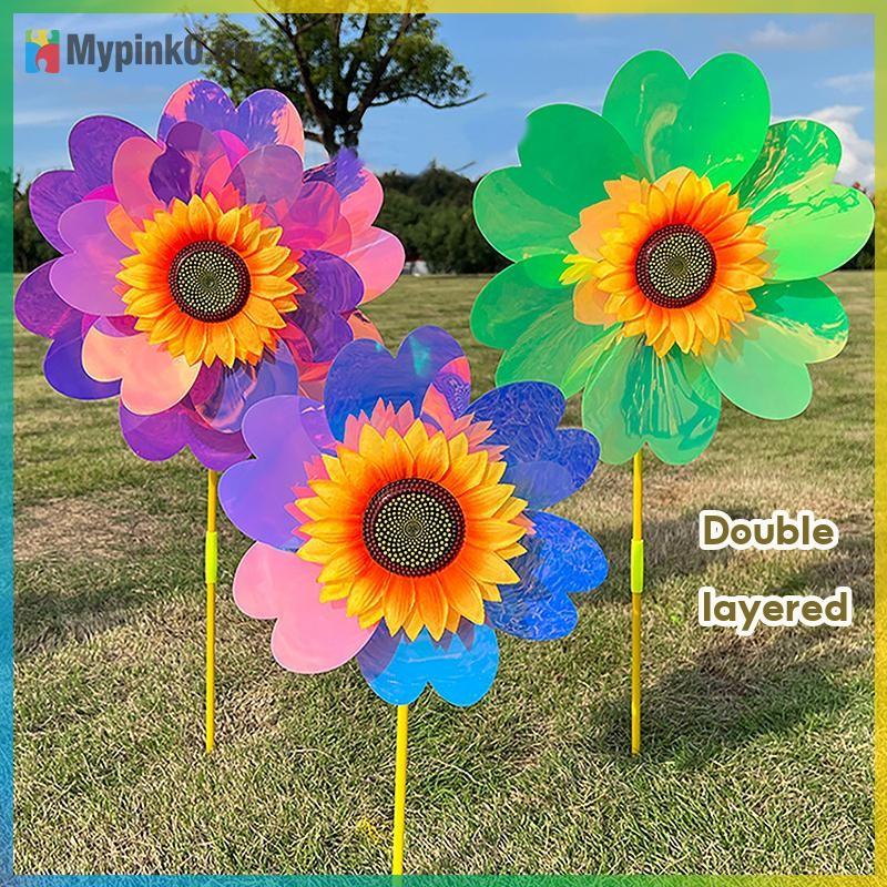 Mypink 1 Set Outdoor Garden Decor Double Layered Sunflower Windmill Rotating Sunflower Wind Spinner Stake Standing Lawn Flower Pinwheel MY