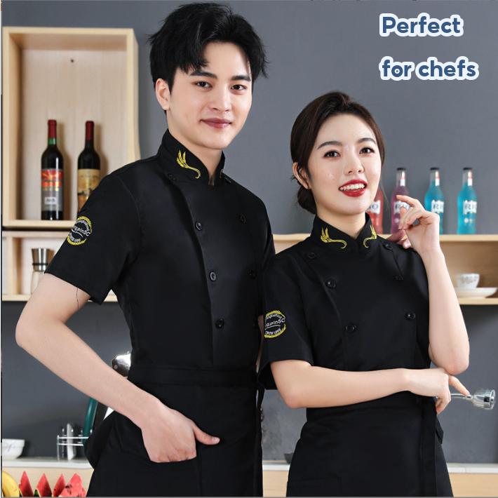 Ready Stock Chef work uniform short-sleeved male thin section breathable Baju chef restaurant hotel chef chef uniform baju chef perempuan custom Chef Jacket black school uniform