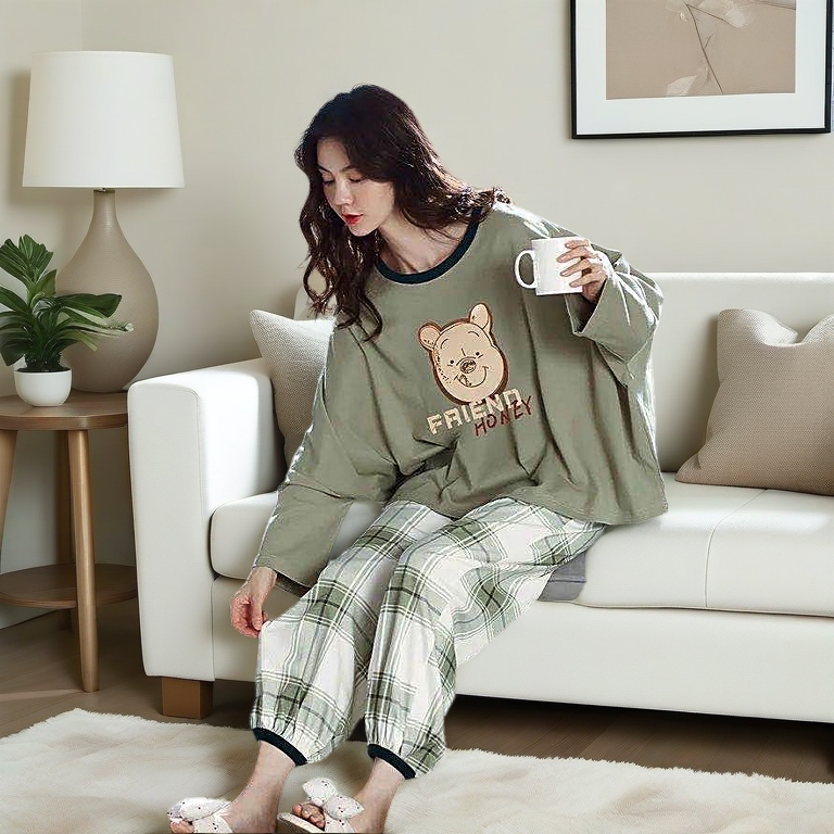 MOCHA Women Long Sleeve Pajamas Plus-size Lovely Cartoon Print Nightwear Baju Tidur 睡衣套裝女 ST102