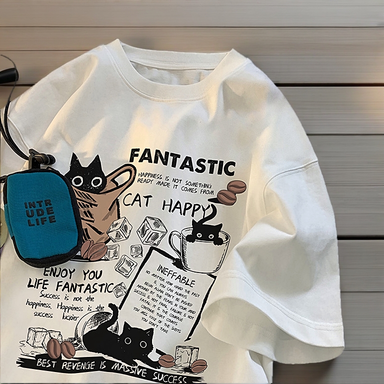 Summer Round Neck Men Cold Brewed Coffee Black Cat Short Sleeve T-shirts Japanese Street Style Young Students Fashionable Oversize Tshirts