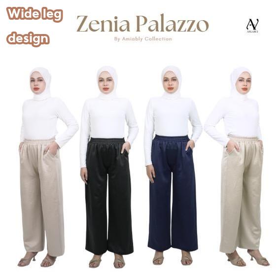 AMIABLY Zenia Wideleg Palazzo Satin Soft Cotton Seluar Wanita Pinggang Memeri Kain Selesa Ironless Casual Daily Harian