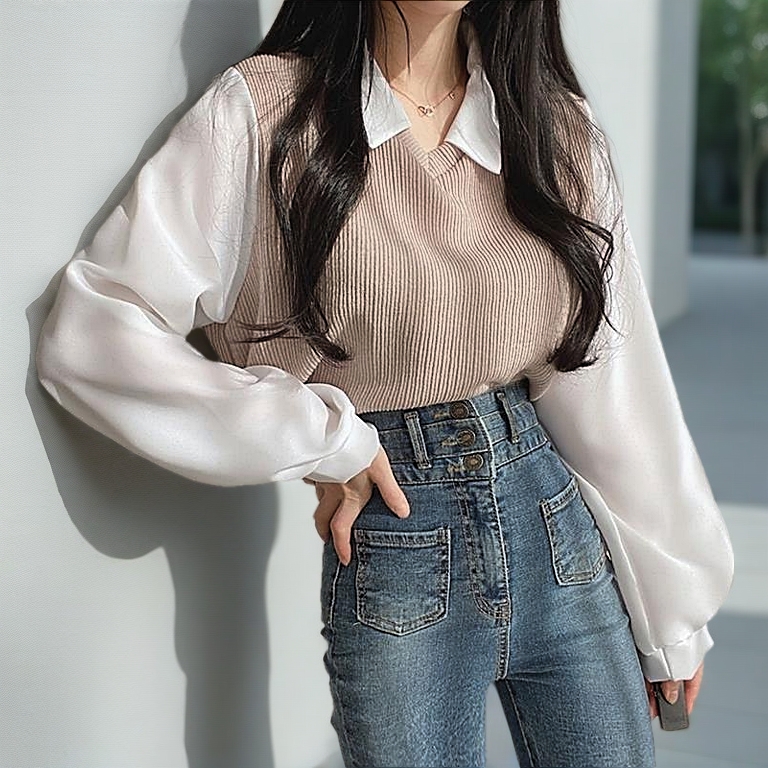 ST199 Women Casual Polo Collar Blouse S-XL | Blaus Kasual Wanita | 女款长袖衬衫上衣