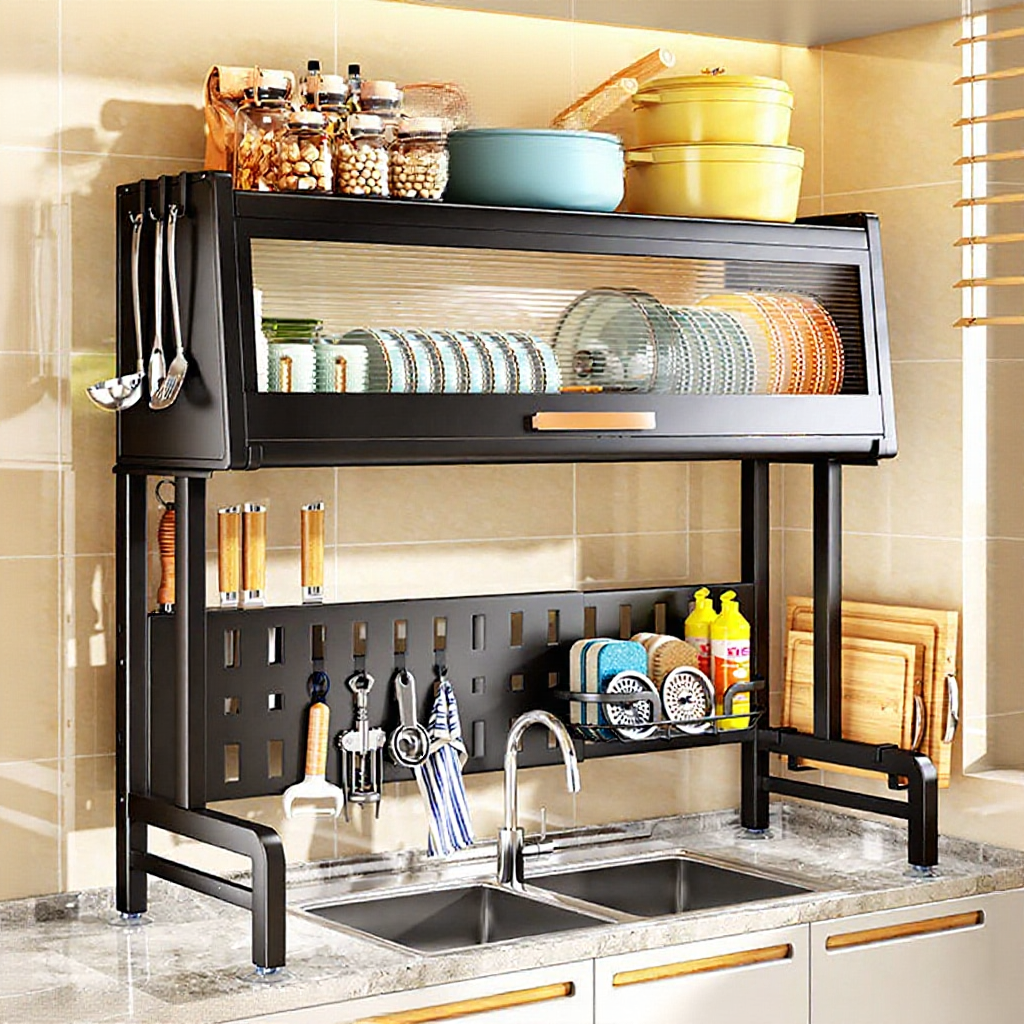 SIV 65-125cm Dish Cabinet Rack Over-The-Sink Dish Drainer Drying Rack Plate Storage Kitchen Organizer Shelf