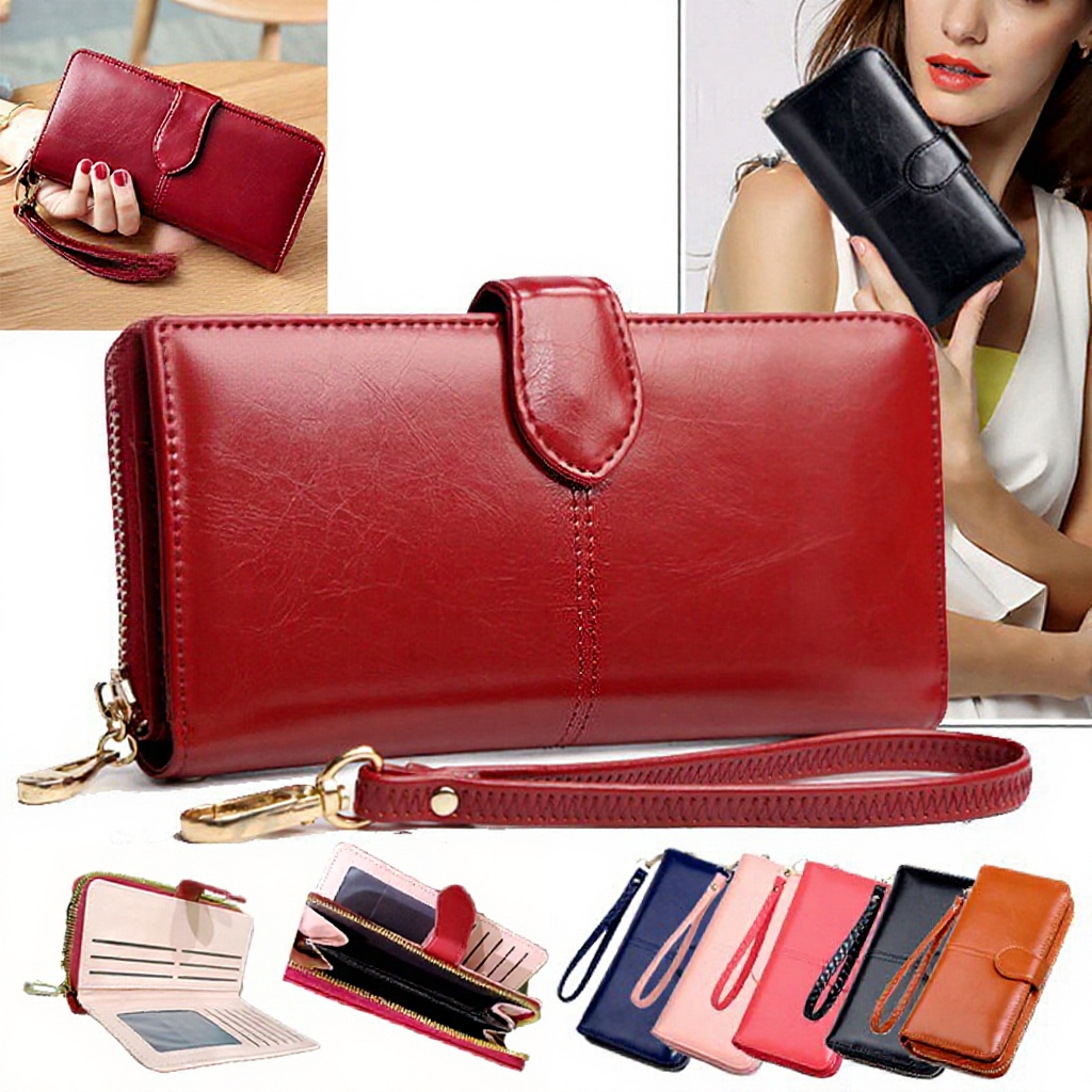 Fashion Women Wallet PU Leather Portable Multifunction Long Purse Wax Leather Dompet Wanita