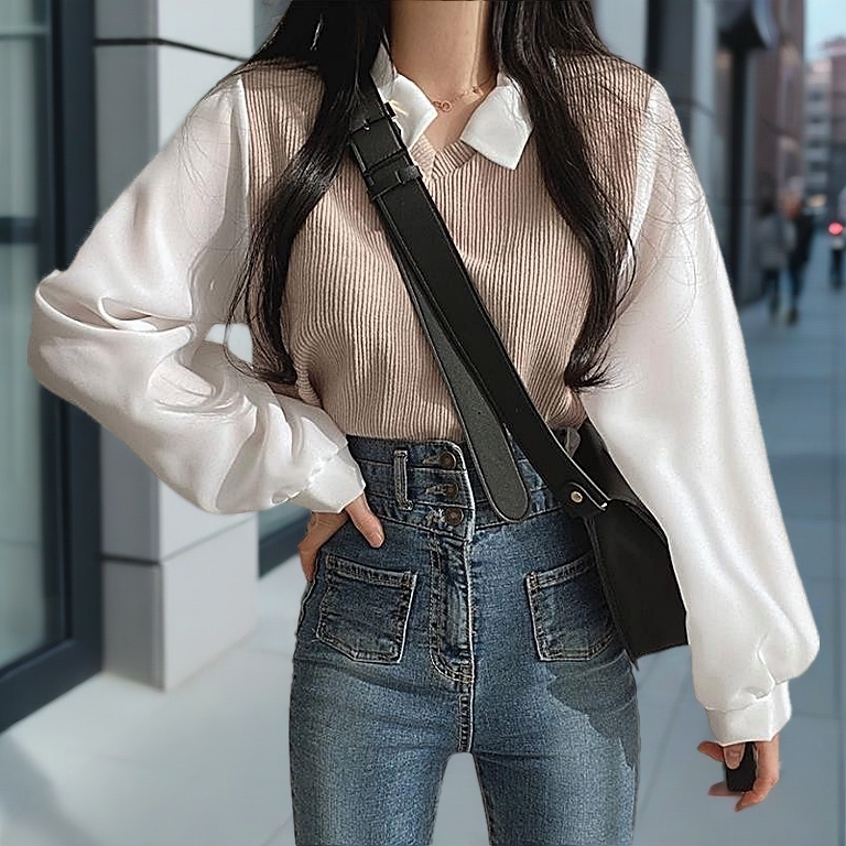 Large Size Fat mm Fake Two-Piece T-Shirt Women Stitching POLO Collar Long-Sleeved Sweatshirt Threaded Lo