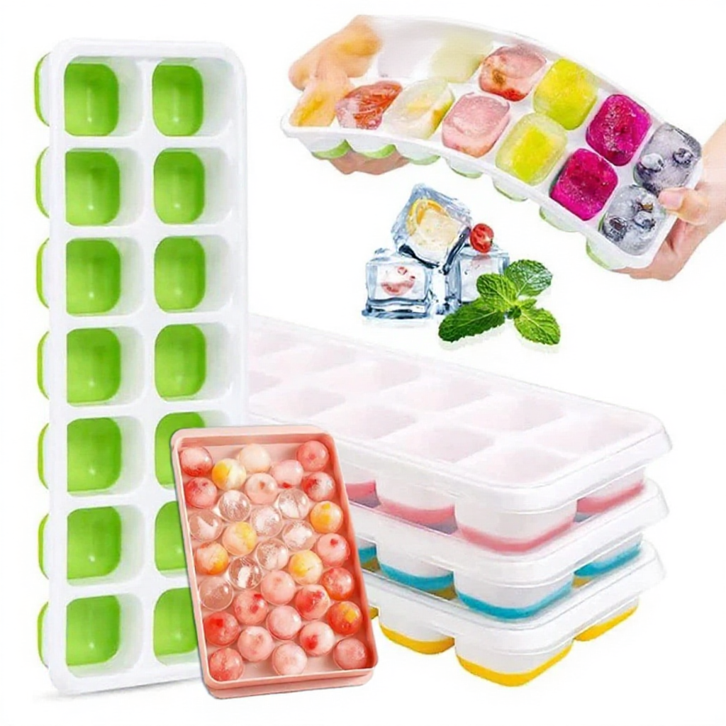 Silicone Ice Cube Trays 14 holes with Spill-Resistant Removable Lid Baby Food Maker Mold Tray Containers BPA-Free