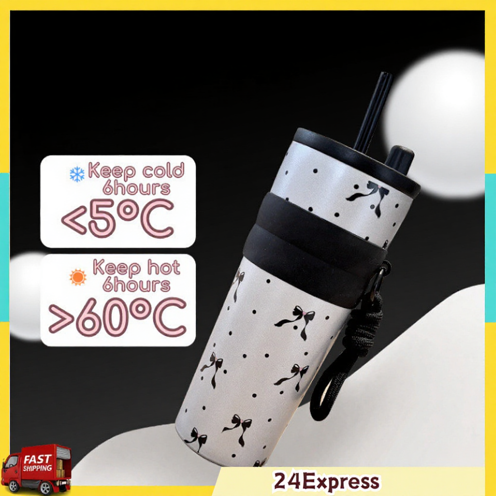 Cute Tumbler 710ML with Straw | 316 Stainless Steel Thermos Water Bottle Leak-Proof Insulated Botol Air Comel Flask