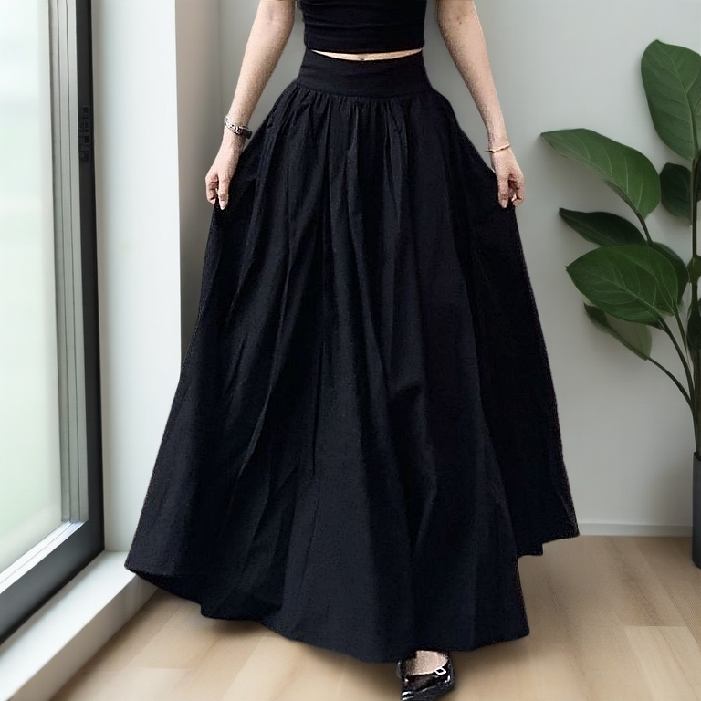 ?LOTDD? [ready stock in Malaysia] [Semi-Elastic] Hepburn Style long pleated skirt Large Hem white high waist a line plain skirt black maxi  skirt labuh woman hitam korean style cotton skirt putih wome
