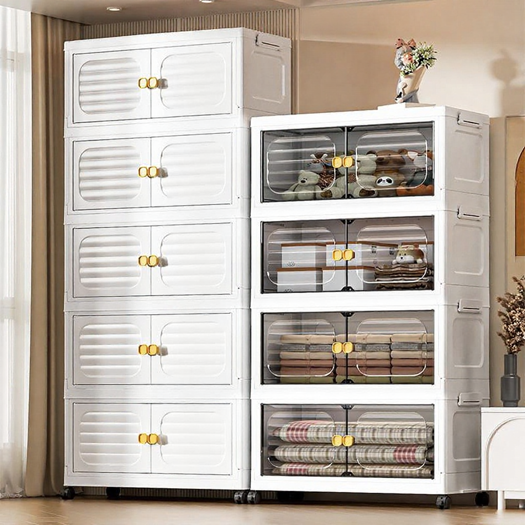 Newest L50-70cm (3-6 Layers) 2 Doors Foldable Stackable Storage Cabinet Box With Roller