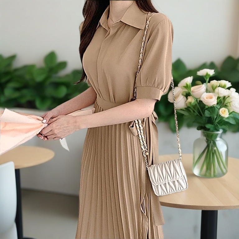baao Korean Pleated Polo Midi Dress w/belt