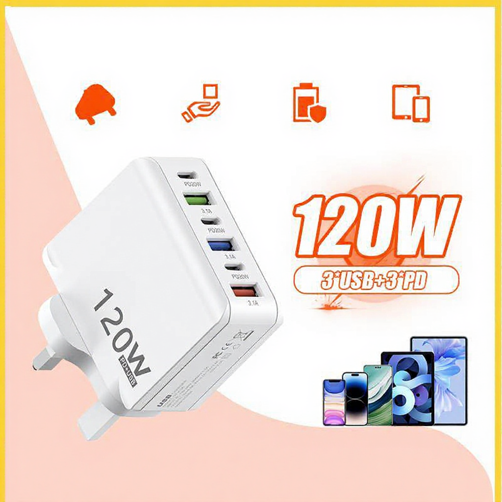 120W Fast Charger 6 Ports 3 USB+3 Type C Fast Charge Phone Power Adapter Fast Charge 3.0 Wall Charger For Micro/Type-C