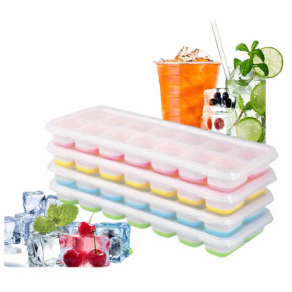 【MY Stock】14 Holes Silicone Ice Cube Trays with Spill-Resistant Removable Lid BPA-Free Baby Food Maker Mold Tray Containers