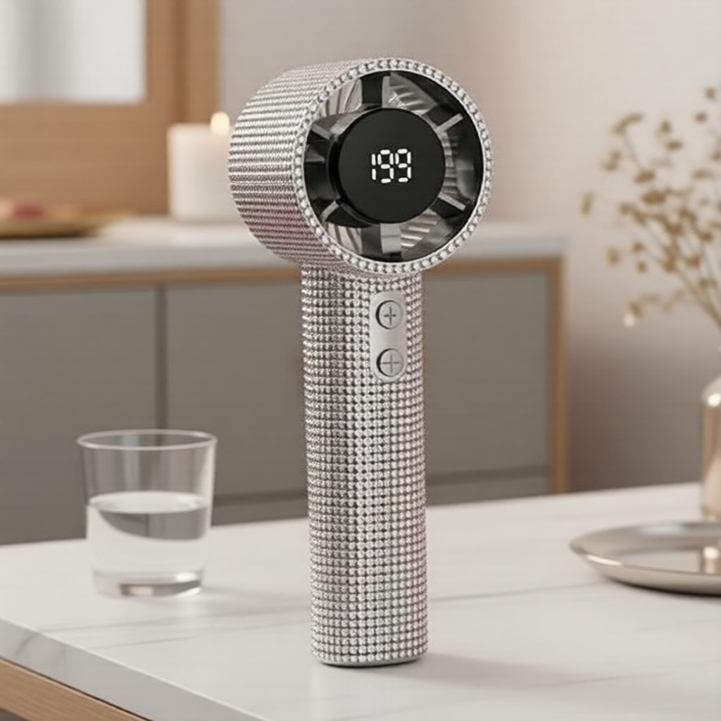Portable Turbo Handheld Fan, 5 Speeds, Diamond Finish, USB Rechargeable, Digital Display, Long Battery Kipas Tangan Turbo Mudah Alih, 5 Kelajuan, Kemasan Berlian, Boleh Cas USB, Paparan Digital, Hayat Bateri Panjang