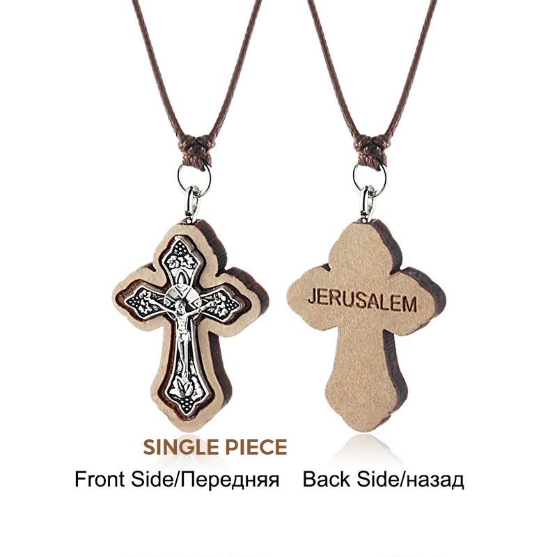 Religious Catholic Jesus Wooden Cross Pendant Necklaces Adjustable Rope Chains