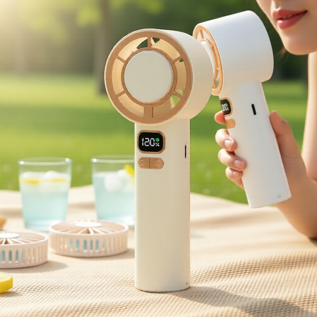 Quiet 120-Speed Stepless Turbo Handheld Fan: LED Display, USB Rechargeable, Compact for Daily, Beach & Office Kipas Turbin Senyap 120-Kelajuan Tanpa Langkah: Paparan LED, Boleh Cas USB, Kompak Sesuai untuk Harian, Pantai & Pejabat