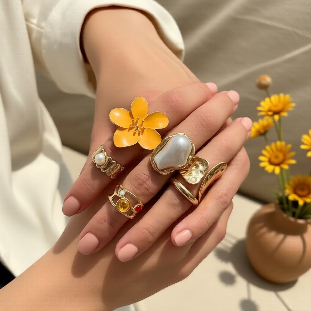 Baroque Irregular Open Flower Statement Ring Set, Personalized Stackable for Women Set Cincin Kenyataan Bunga Terbuka Irregular Gaya Baroque, Boleh Ditumpuk dan Diperibadikan untuk Wanita