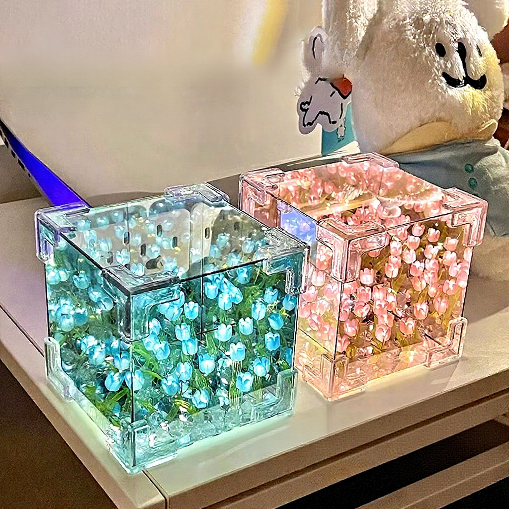 DIY Tulip Night Light Cube Mirror Bedroom Decor Table Lamp LED Atmosphere Lamp Handmade Valentine's Day/Birthday Gifts