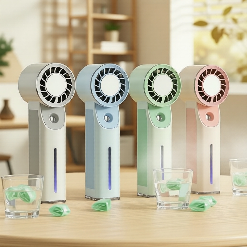 Portable 5-Speed Handheld Mist Fan with Ice Compress, Night Light, USB Rechargeable Ambient Floor Lamp Kipas Kabus Tangan 5 Kelajuan Mudah Alih dengan Mampatan Ais, Lampu Malam, Lampu Lantai Ambien Boleh Cas USB