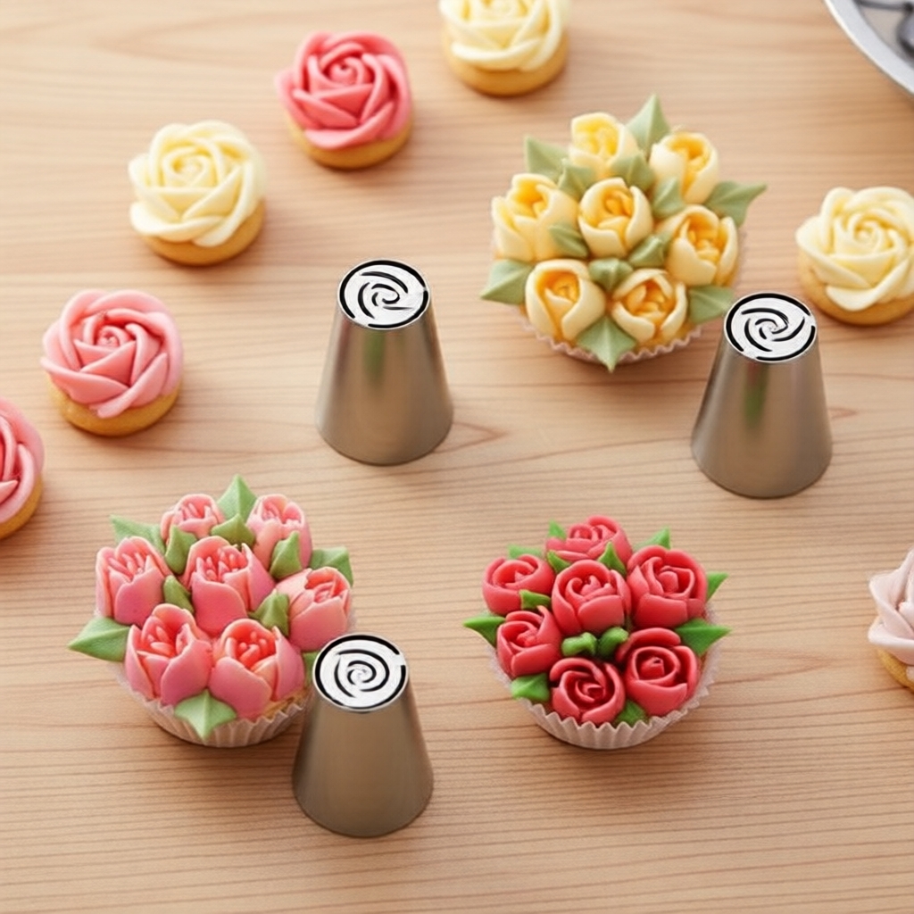 Stainless Steel Russian Tulip Piping Tips 4/7-Piece Set, Flower Cream Pastry Nozzles for Cupcake & Cake Decorating Set 4/7 Keping Tip Paip Rusia Keluli Tahan Karat, Nozel Pastri Krim Bunga untuk Hiasan Kek & Kek Cawan