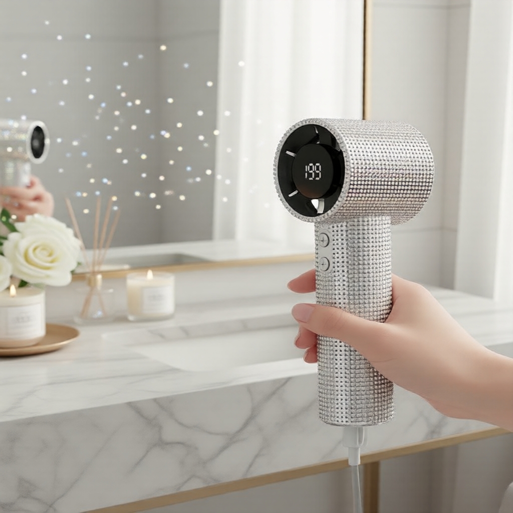 Elegant Diamond-Effect Turbo Fan, 5 Wind Levels, USB Rechargeable, Extended-Life Battery, Digital Status Display Kipas Turbo Kesan Berlian Elegan, 5 Tahap Angin, Boleh Cas USB, Bateri Tahan Lama, Paparan Status Digital
