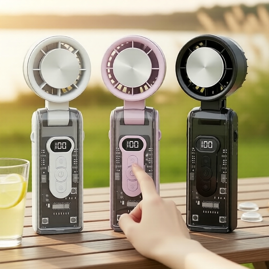 Rechargeable Portable Handheld Fan with USB-C, Turbo Cooling, LED Flashlight & Cold-Touch Grip Kipas Tangan Mudah Alih Boleh Cas dengan USB-C, Penyejukan Turbo, Lampu Suluh LED & Pegangan Sejuk
