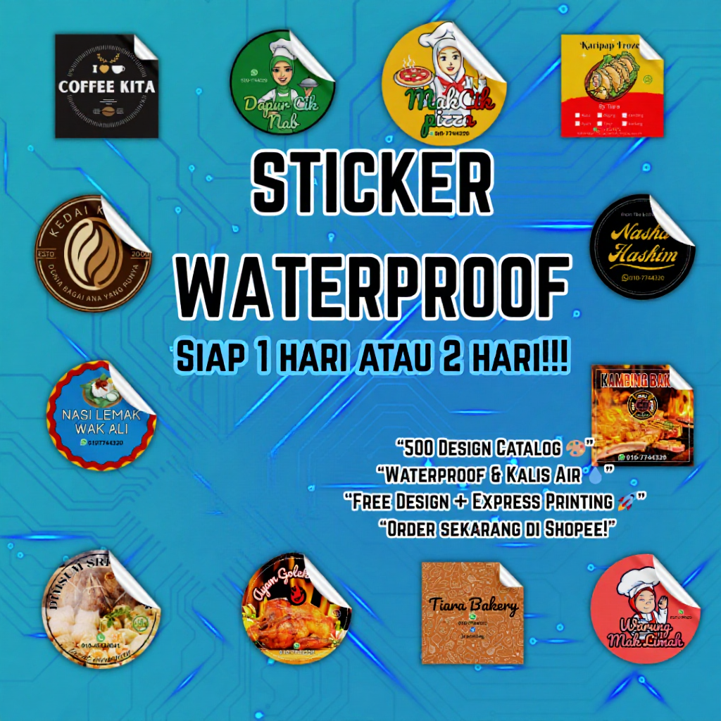 Sticker Produk Custom Waterproof Mini • 500 Design Catalog • Saiz 3–6 cm • Free Design & Fast Printing