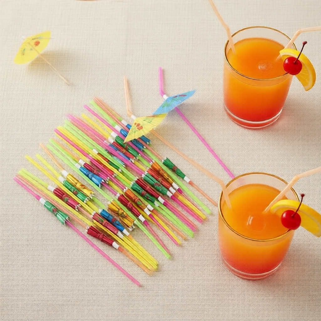 Fruit-themed party tableware set with straw, cocktail parasol cup holder, and cups for easy table setup Set Peralatan Parti Buah-buahan, termasuk penyedut minuman, payung, pemegang cawan dan cawan, mudah untuk menghias meja.