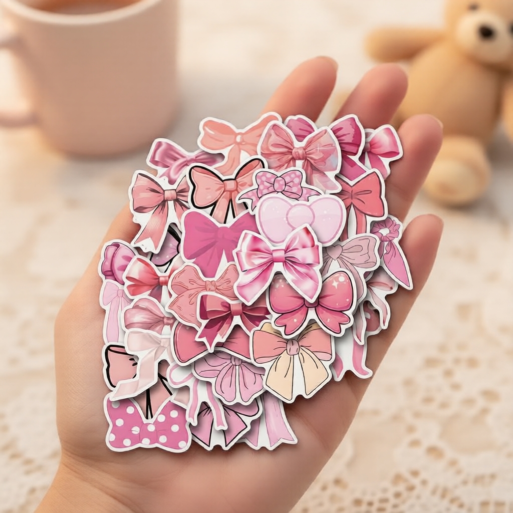 Adorable 275pcs Pink Bow Cartoon Stickers for Laptops, Phones, Skateboards, Scrapbooks & Travel Cases 275 Keping Pelekat Kartun Reben Merah Jambu Comel untuk Komputer Riba, Telefon, Papan Luncur, Buku Skrap & Bekas Perjalanan