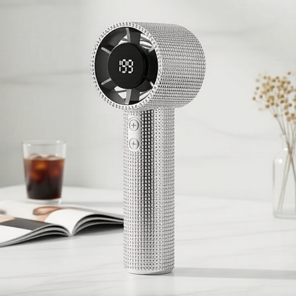 Luxury handheld fan with diamond sparkle, 5-speed wind, USB-C rechargeable, digital display, long battery life Kipas Tangan Mewah Berkilauan Berlian, 5 Kelajuan Angin, Boleh Cas USB-C, Paparan Digital, Hayat Bateri Panjang