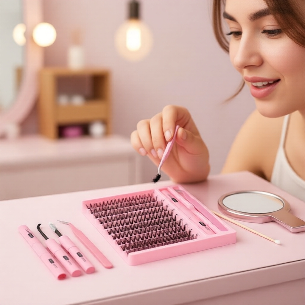Cluster Lashes 200 Individual Pieces 40D 0.07D Curl Mix 8-16mm Lash Extensions Clusters, Adhesive and Sealer, Eyelash Tweezers, DIY Eyelash Extensions