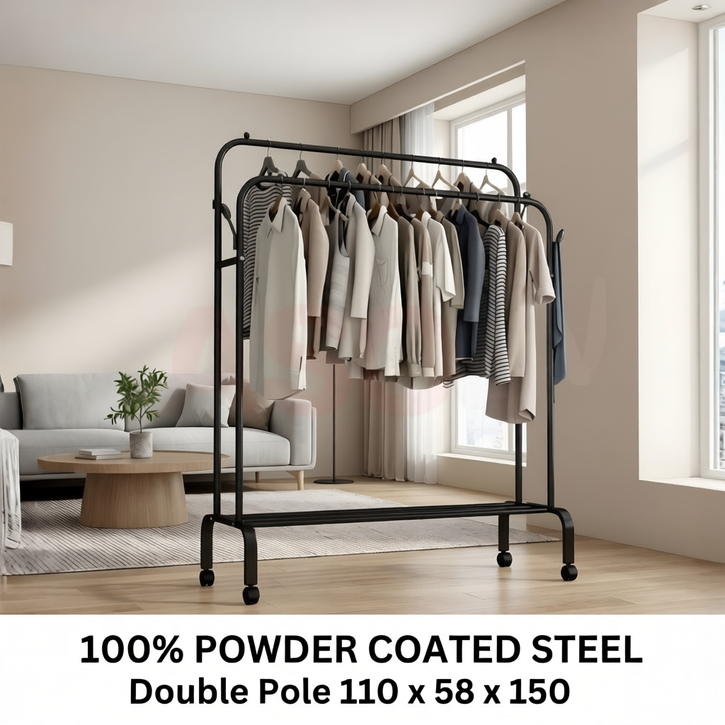 ASOTV® Double Pole Clothes Rack Rak Baju Besi Steel Cloth Stand Penggantung Baju Drying Rack Ampaian Baju 衣架