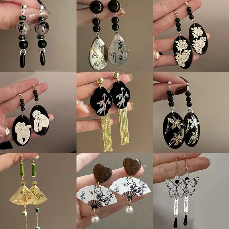 DREJEW Silver Needle New Chinese Bamboo Strip Earrings National Trend Fashion Water Drop Butterfly Earrings