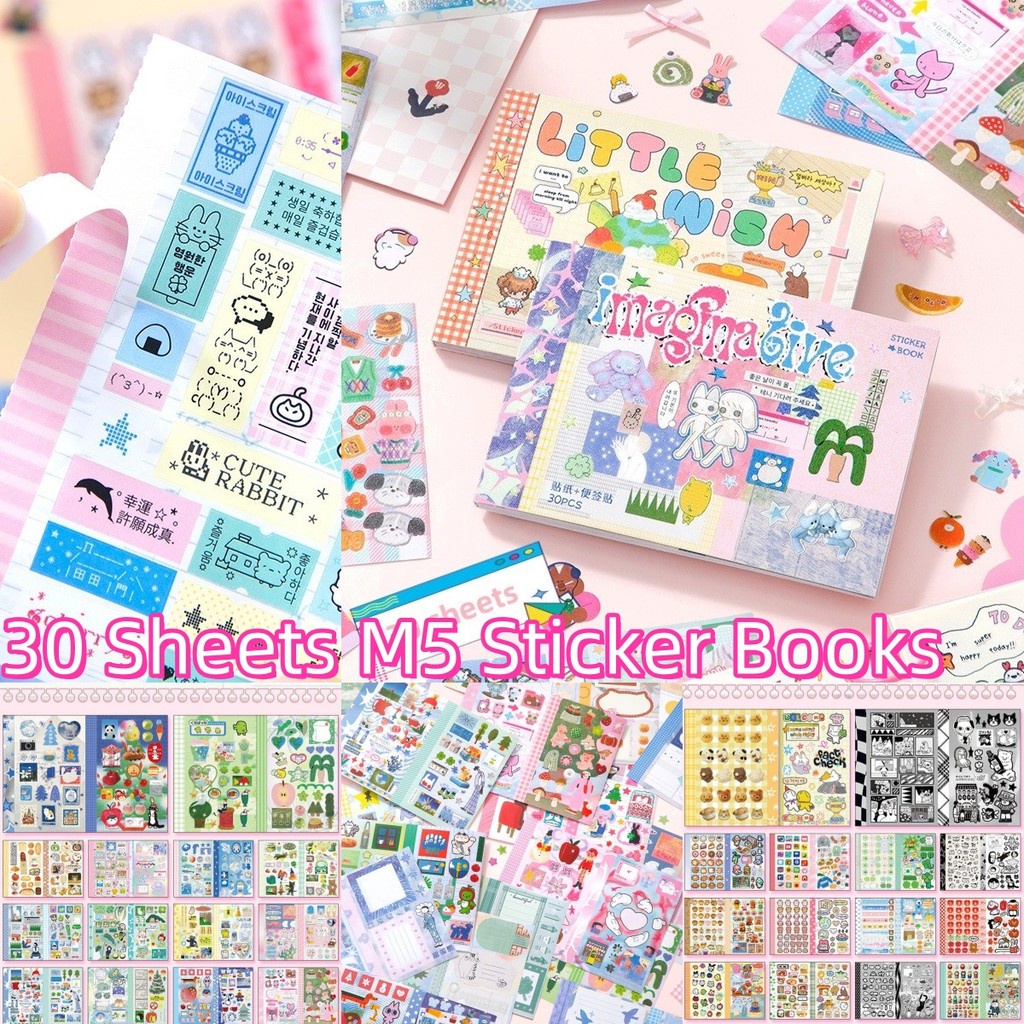 30 Sheets Korean INS Style Double Spell M5 Sticker Books DIY Goo Card Decorative Esthetic Scrapbooking Handbook Phone Cute All-in-One Stickers Friend Kid Gift