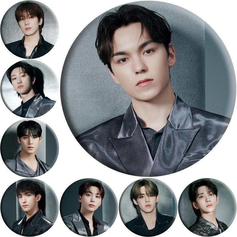 58mm SEVENTEEN RIGHT HERE Japan Tour Merchandise Preview Pin – Stylish Formal Looks & Intense Expressions | Limited Edition Collectible Badge for Fans