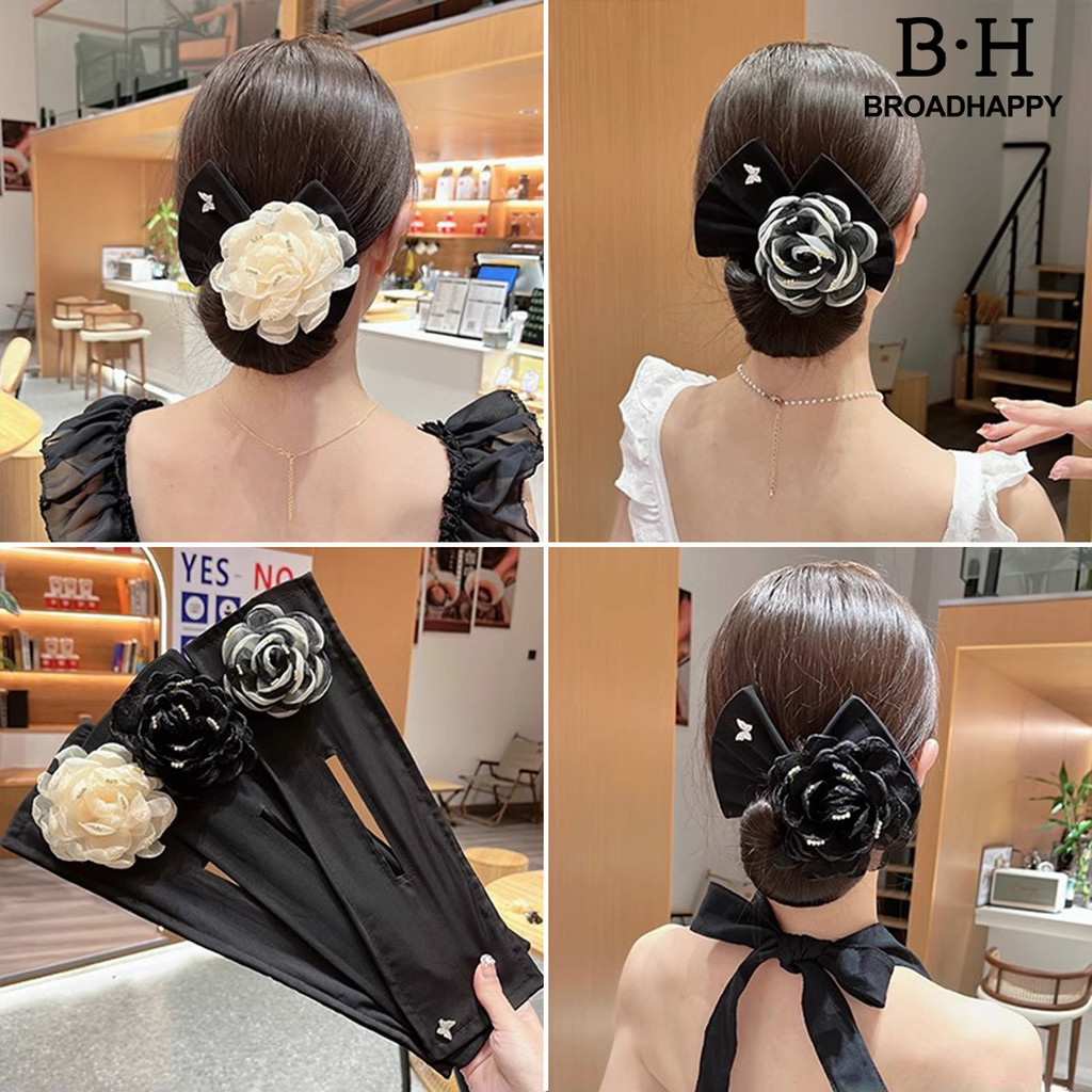 Broadhappy Hair Band Easy to Use French Spiral Hair Tie with 3D Mesh Yarn Flower Decor Wire Bun Maker Hair Accessories