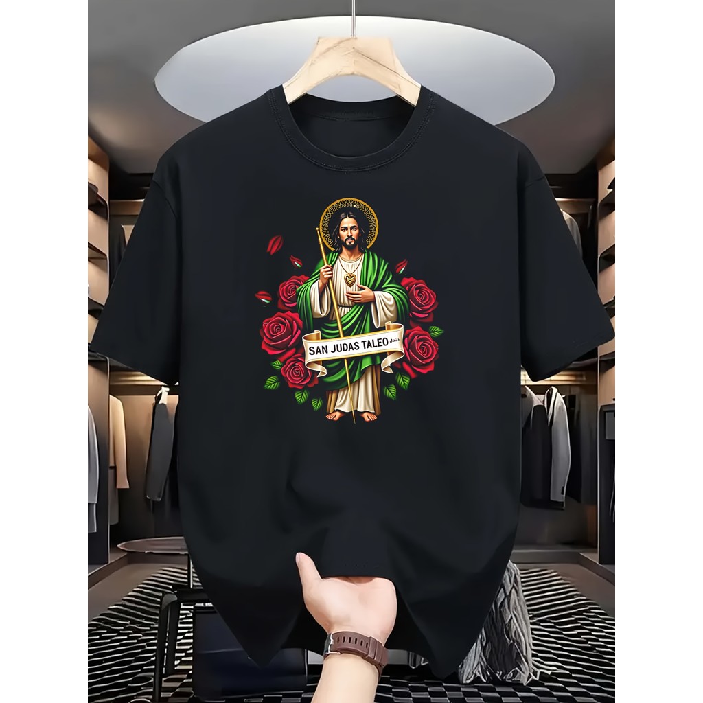 Men's Saint Judas Thaddeus & Santo Judas Tadeo Christian T-Shirt - Spanish Religious Text & Saint Icon Casual Catholic Apparel Machine Washable Round Neck Tee Suitable