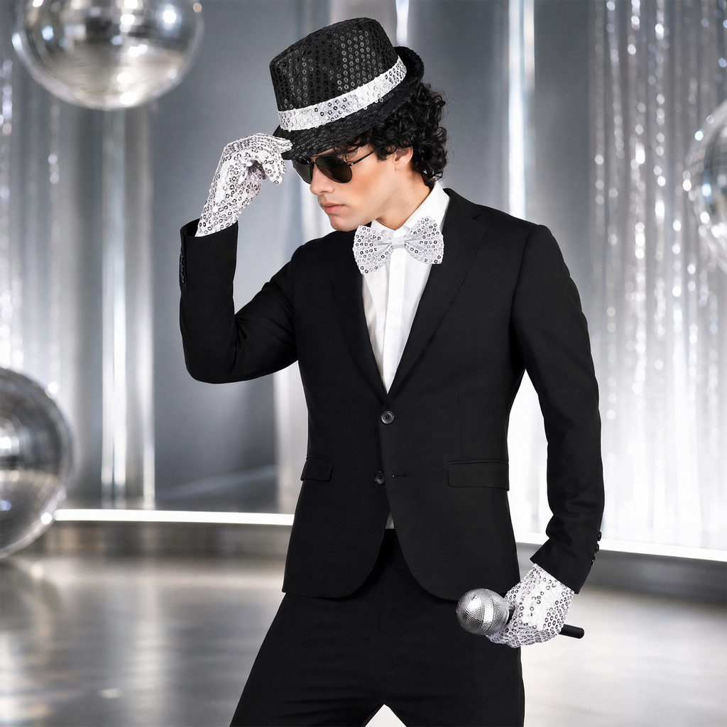 FUSHENG Pop Rockstar Costume Set for Adults, Black Sequins Hat, Glasses, Gloves, Microphone, Role Play Costume Accessories for Cosplay Party, Halloween