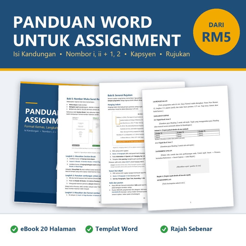 Cara Letak Nombor Muka Surat di Word & Cara Buat Isi Kandungan Assignment - eBook Panduan Format PDF + Templat Word