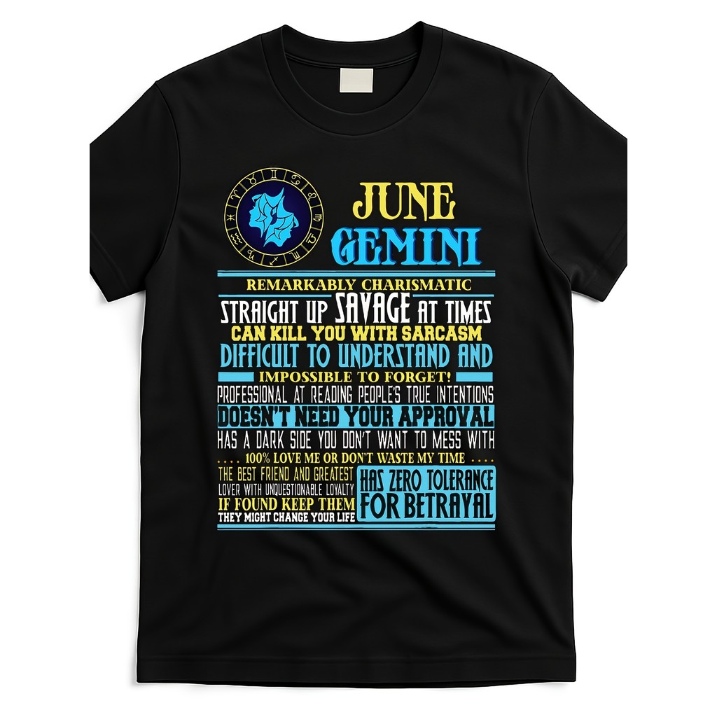 June Gemini Zodiac Birthday Graphic T-Shirt - Funny Astrology Design Cotton Tee for Men & Women, Retro Streetwear Crew Neck Short Sleeve Shirt with Gemini Facts, Drop Shoulder &