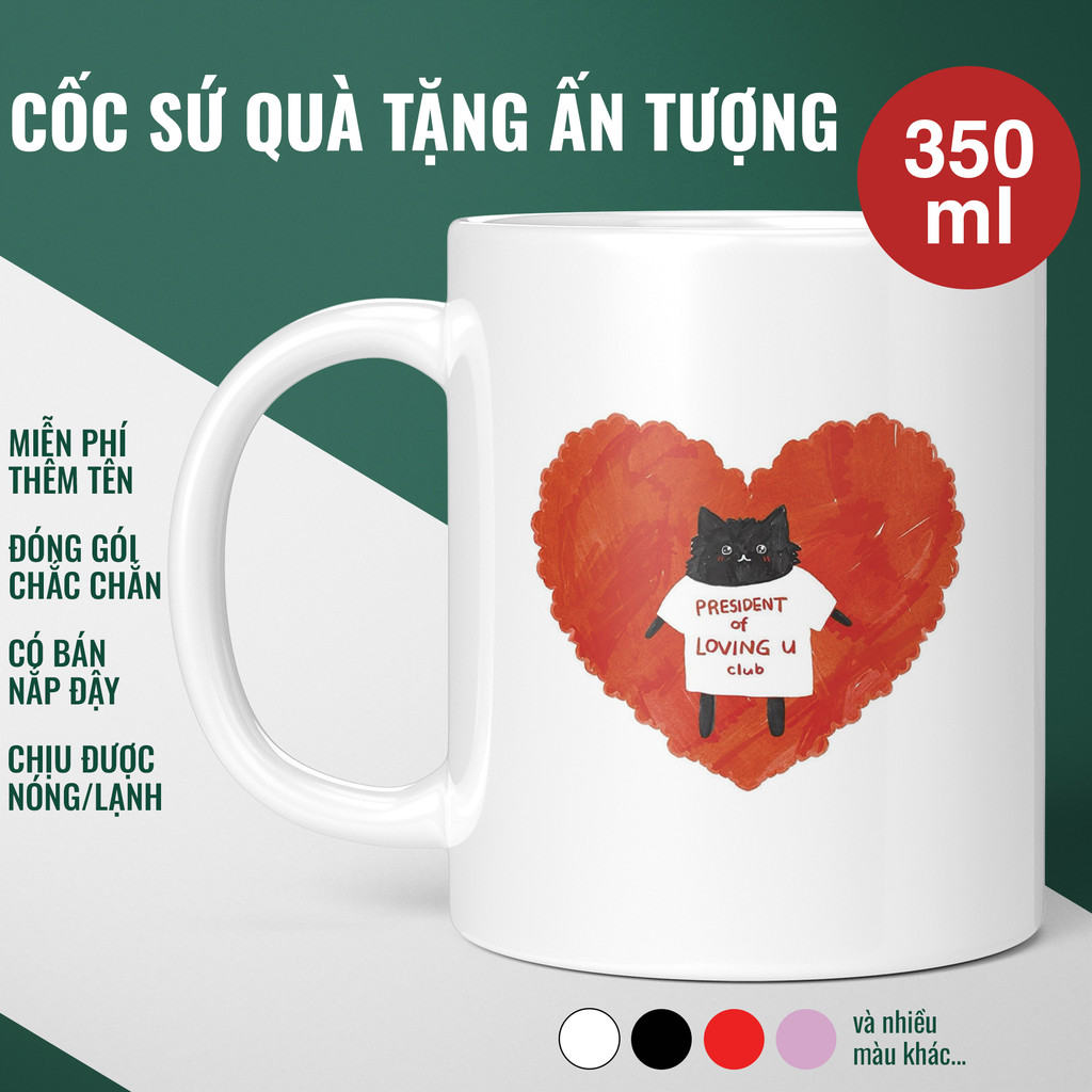 PRESIDENT OF LOVING U CLUB Cute Cat Shaped Ceramic Mug with Red Heart, Love Ceramic Mug for Drinking Coffee and Milk Tea, Birthday Gift