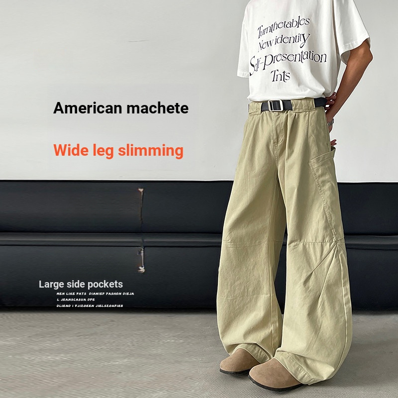 American Retro Pleated Large Pocket Machete Overalls Men vintage Street Wear Loose Drape Wide-Leg Casual Pants