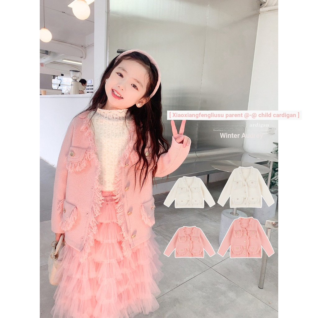 Amybaby Girls Parent-Child Cardigan Jacket 2025 New Style Fashionable Winter Thickened Warm Knitwear Top