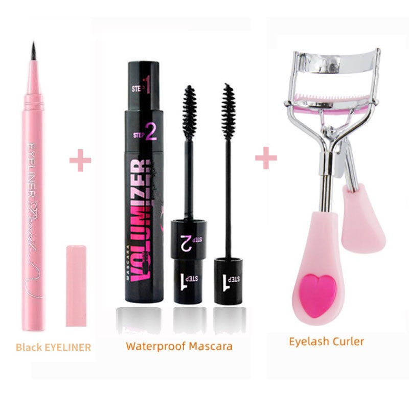 Waterproof 3-in-1 Eye Makeup Set Eyelash Curler Mascara Eyeliner Eyebrow Pencil Portable Complete Eye Cosmetics